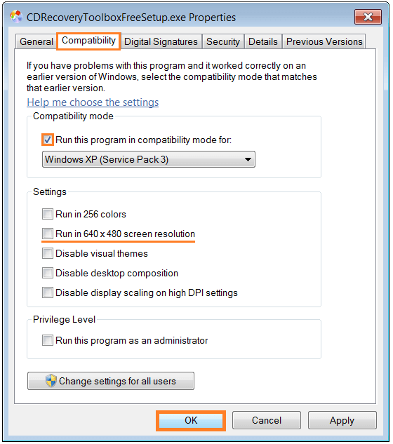 Some very old programs might require you to check the Run in 640X480 checkbox as well. This will not work for most MS-DOS programs.